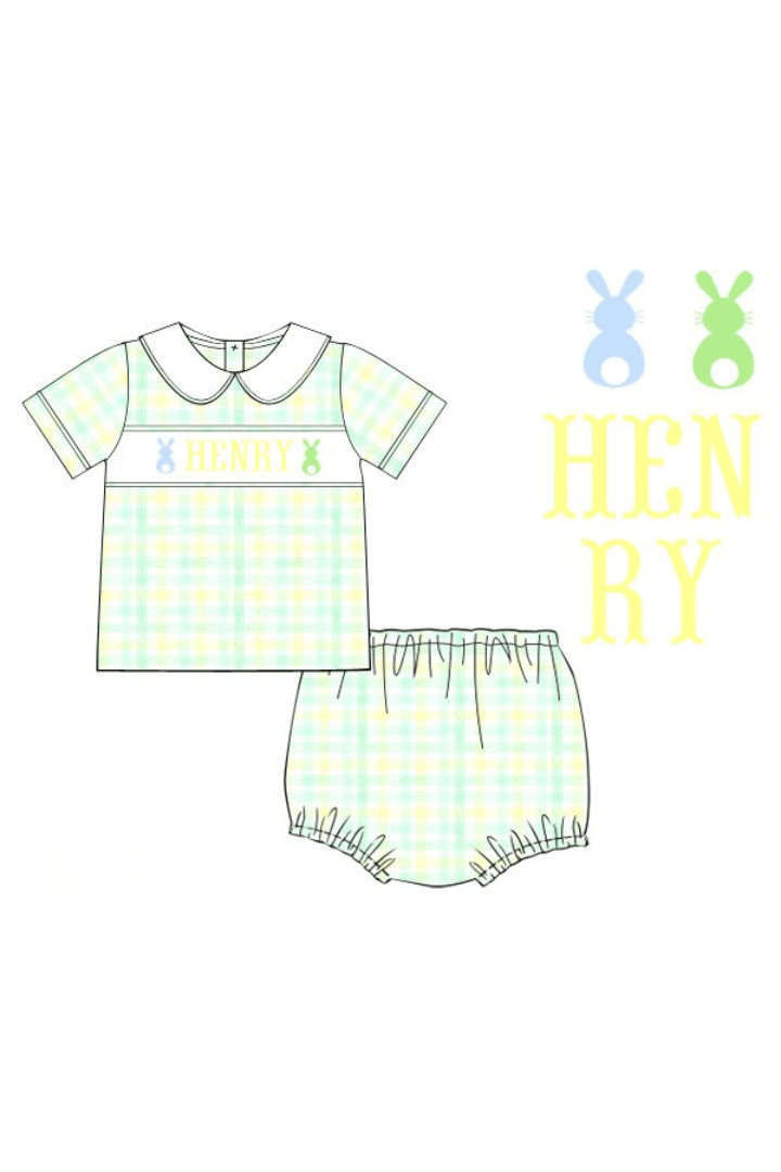 The Smocked Flamingo Pre-Order Hand Smocked Custom Name Plaid Peeps Diaper Set