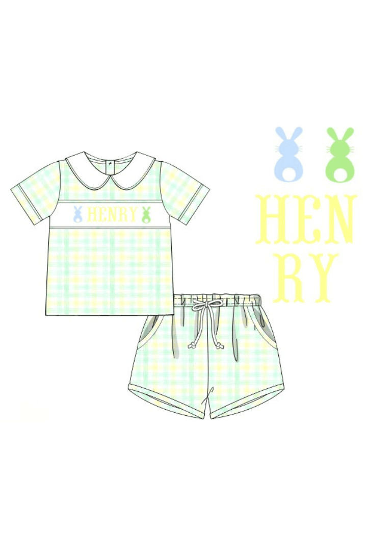The Smocked Flamingo Pre-Order Hand Smocked Custom Name Plaid Peeps Short Set