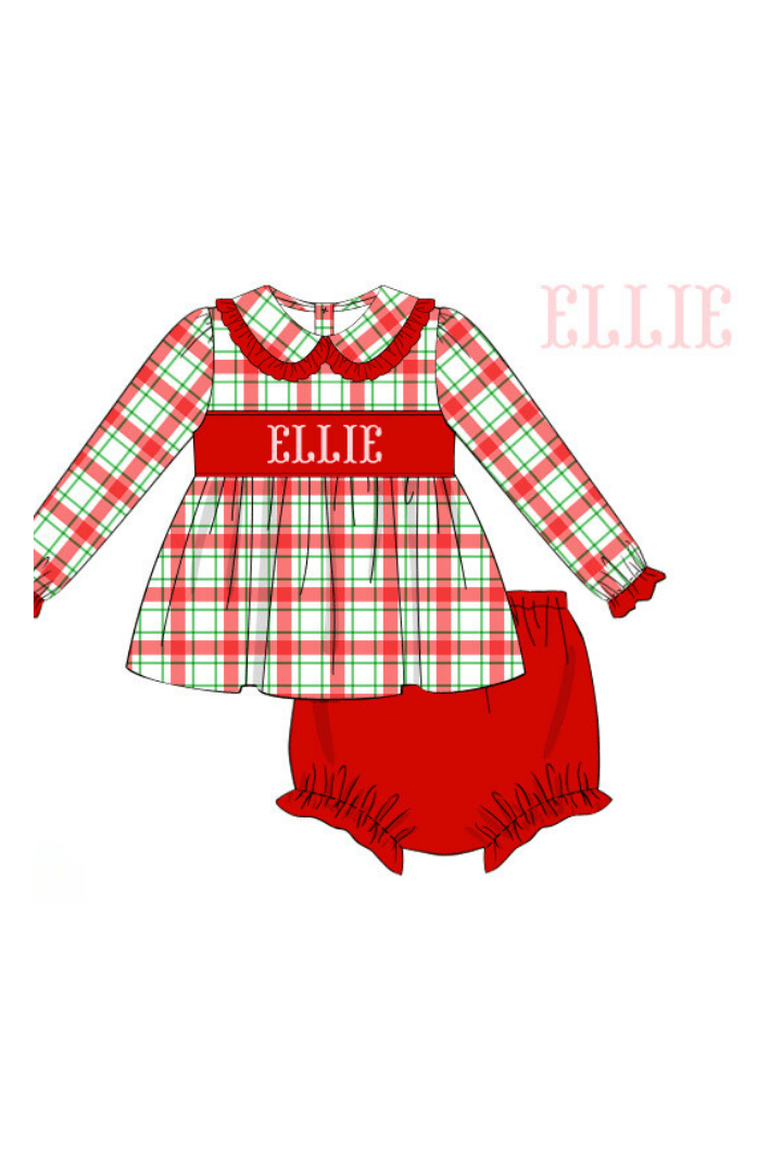 The Smocked Flamingo Pre-Order Hand Smocked Custom Name Red/Green Plaid Bloomer Set