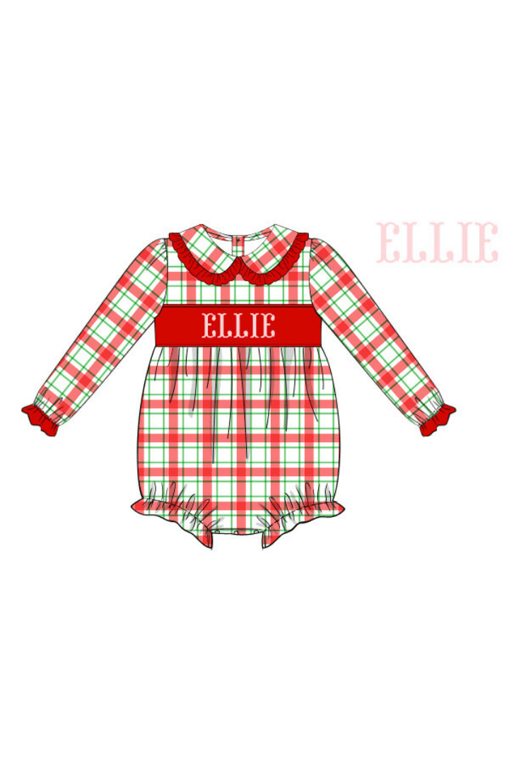 The Smocked Flamingo Pre-Order Hand Smocked Custom Name Red/Green Plaid Bubble