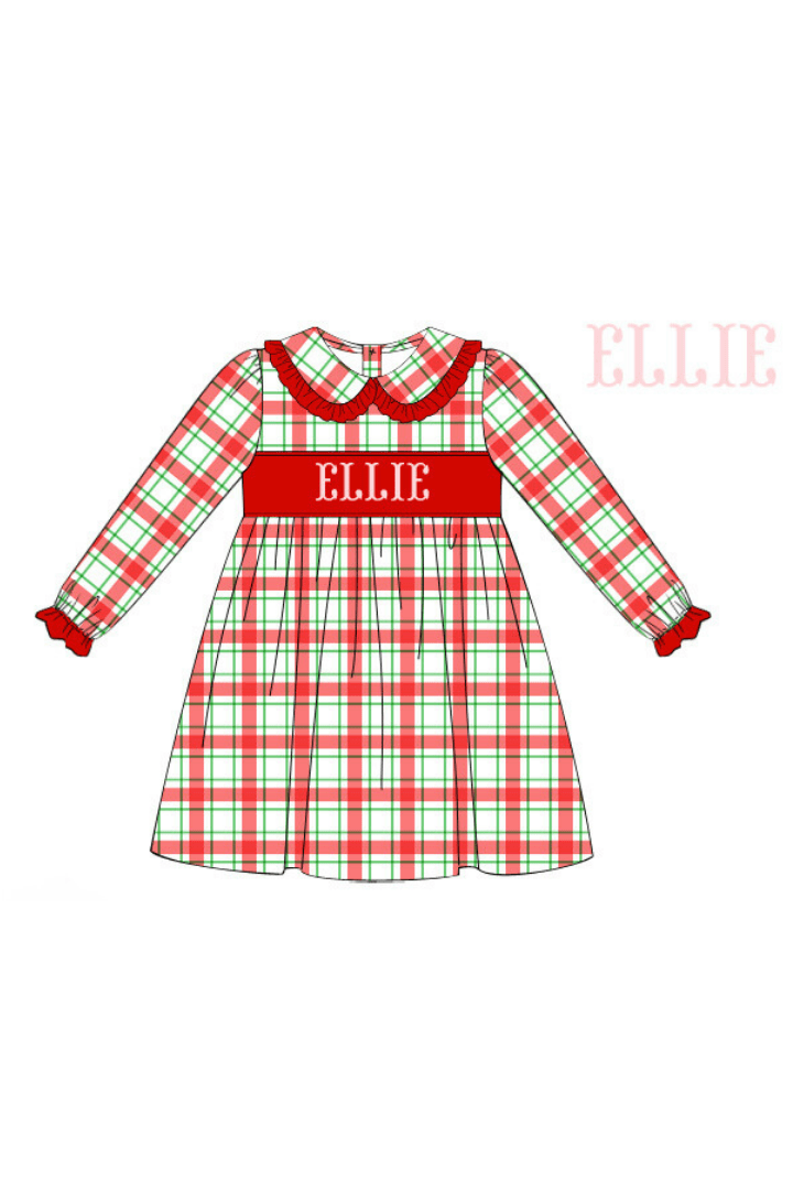 The Smocked Flamingo Pre-Order Hand Smocked Custom Name Red/Green Plaid Dress