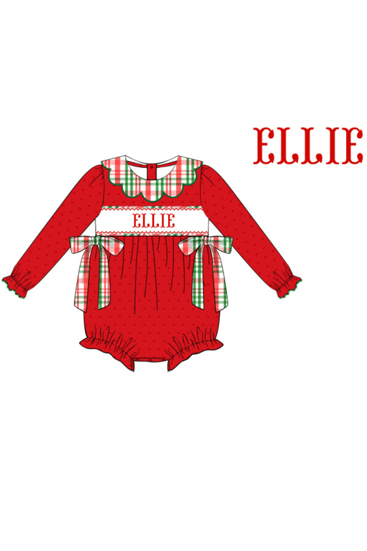 The Smocked Flamingo Pre-Order Hand Smocked Custom Name Red Knit Christmas Plaid Bow Bubble