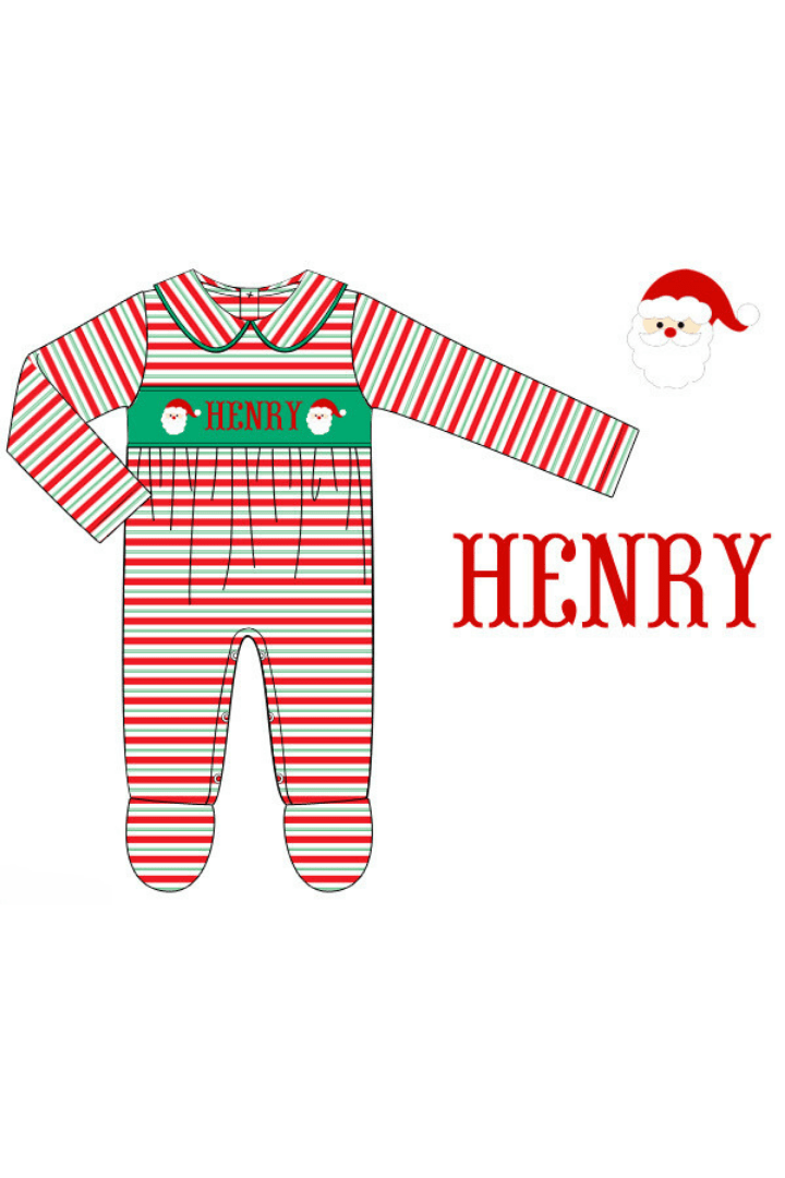 The Smocked Flamingo Pre-Order Hand Smocked Custom Name Santa Stripe Footed Romper