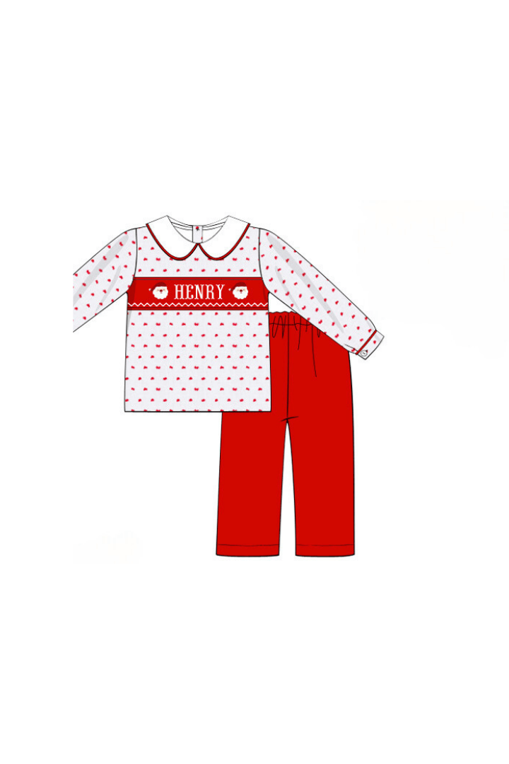 The Smocked Flamingo Pre-Order Hand Smocked Custom Name Santa Swiss Dot Pant Set