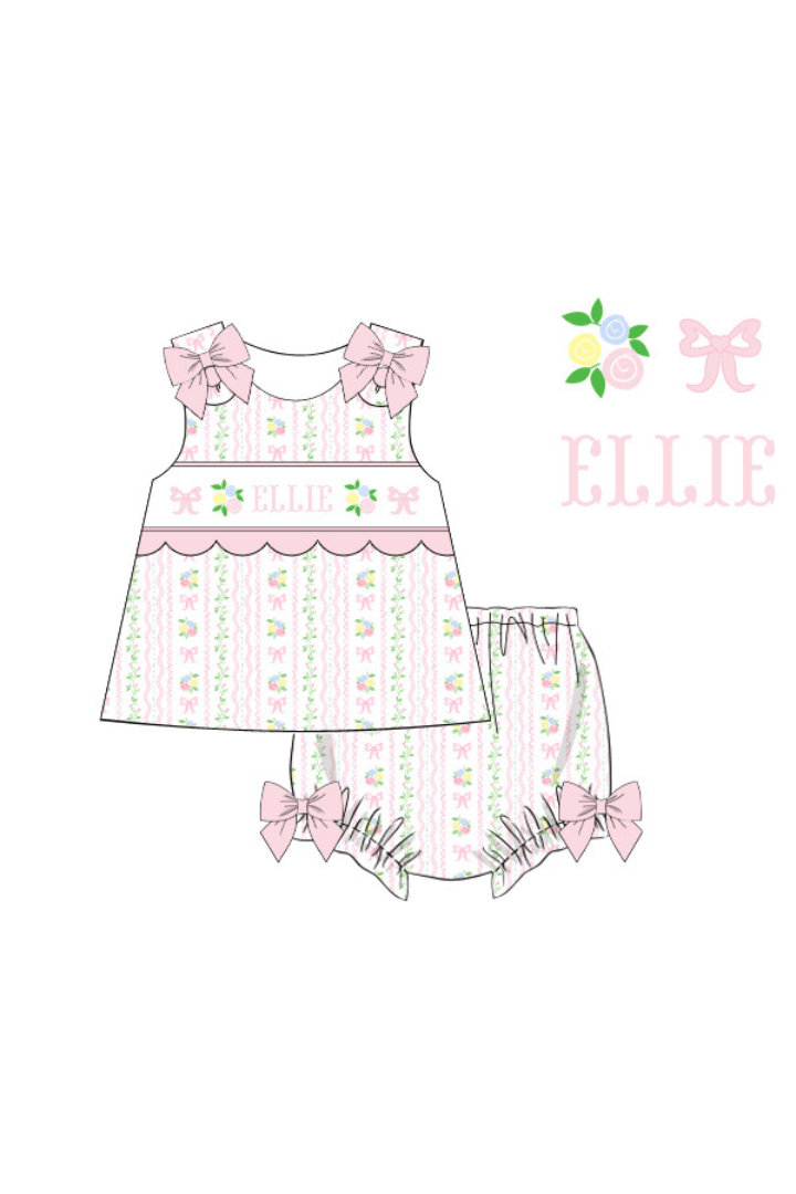 The Smocked Flamingo Pre-Order Hand Smocked Custom Name Scalloped Floral Bow Bloomer Set