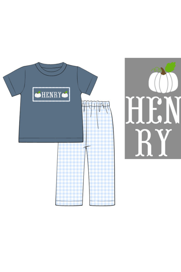The Smocked Flamingo Pre-Order Hand Smocked Custom Name Stone/Gingham Pant Set
