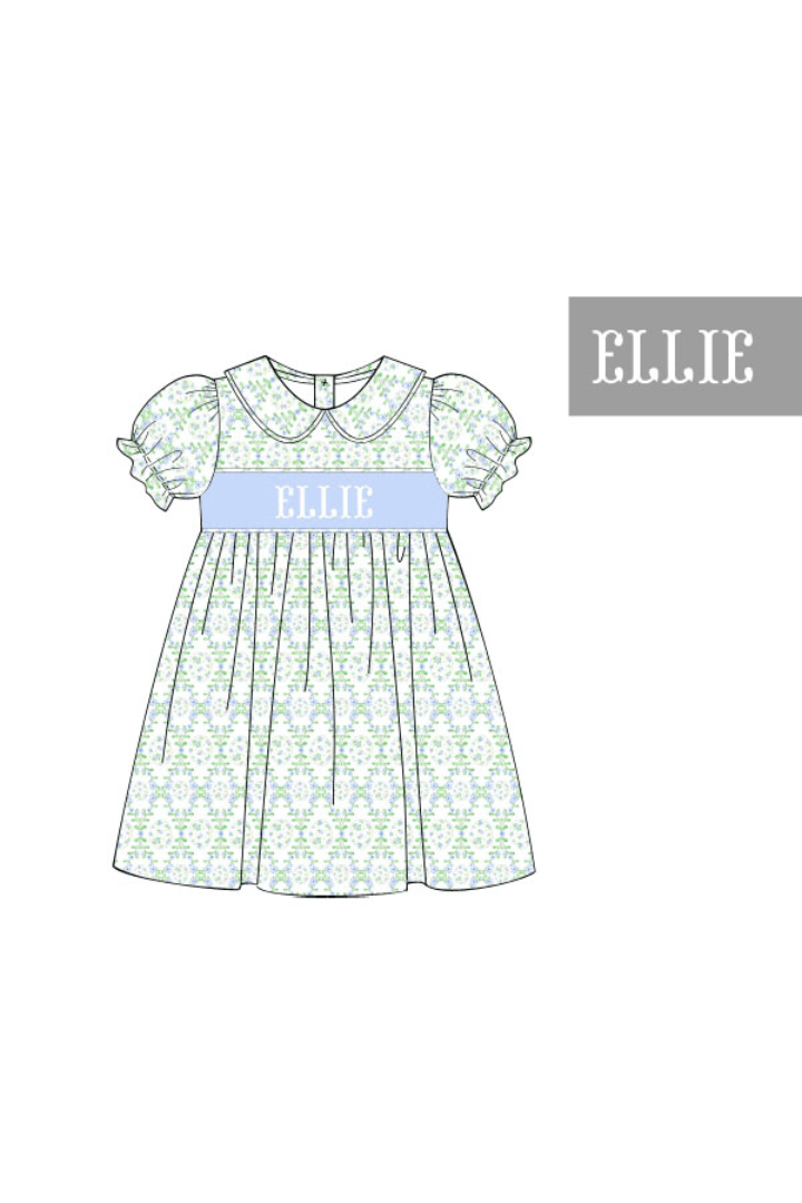 The Smocked Flamingo Pre-Order Hand Smocked Custom Name Sweet Easter Blue Dress