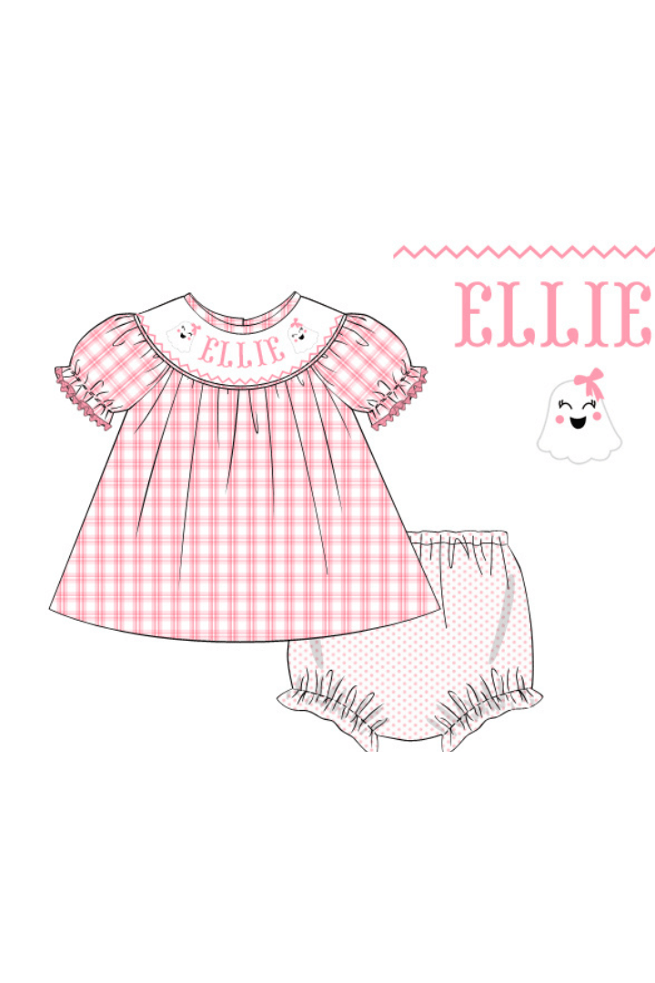 The Smocked Flamingo Pre-Order Hand Smocked Custom Name Sweet Ghost Bloomer Set