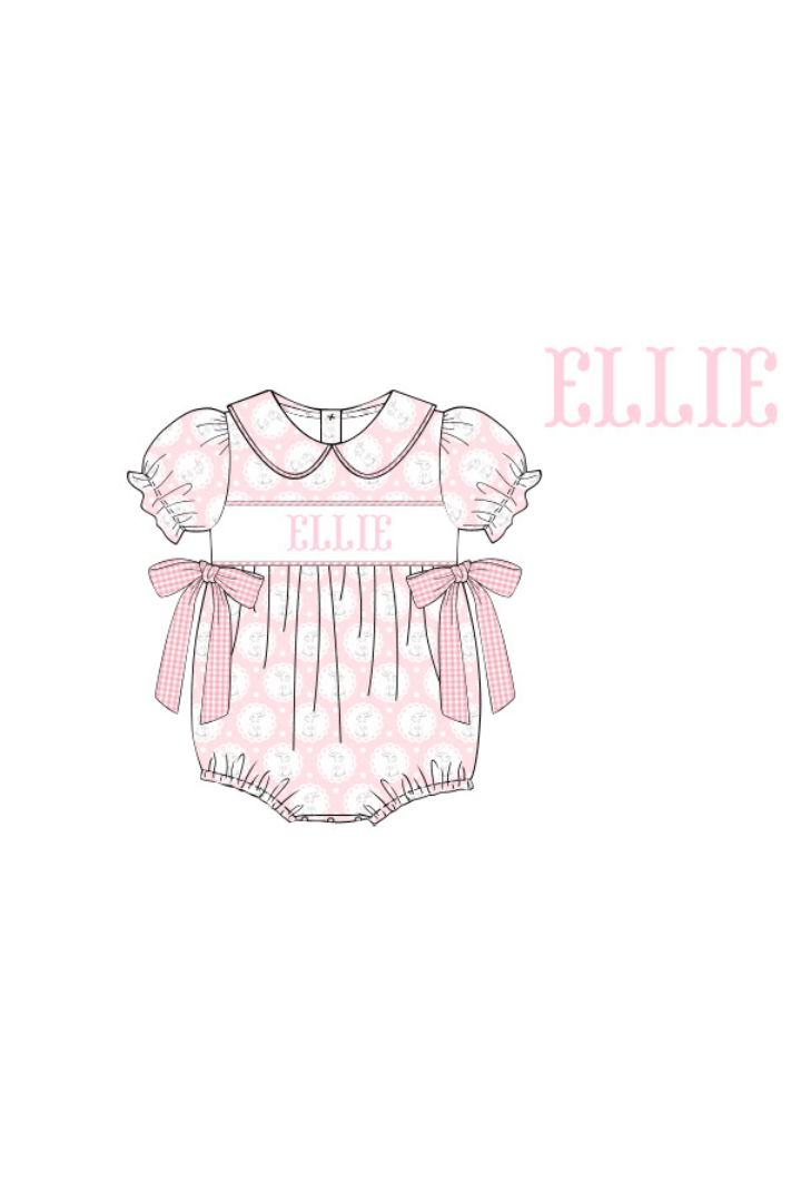 The Smocked Flamingo Pre-Order Hand Smocked Custom Name Sweet Pink Bunny Bubble