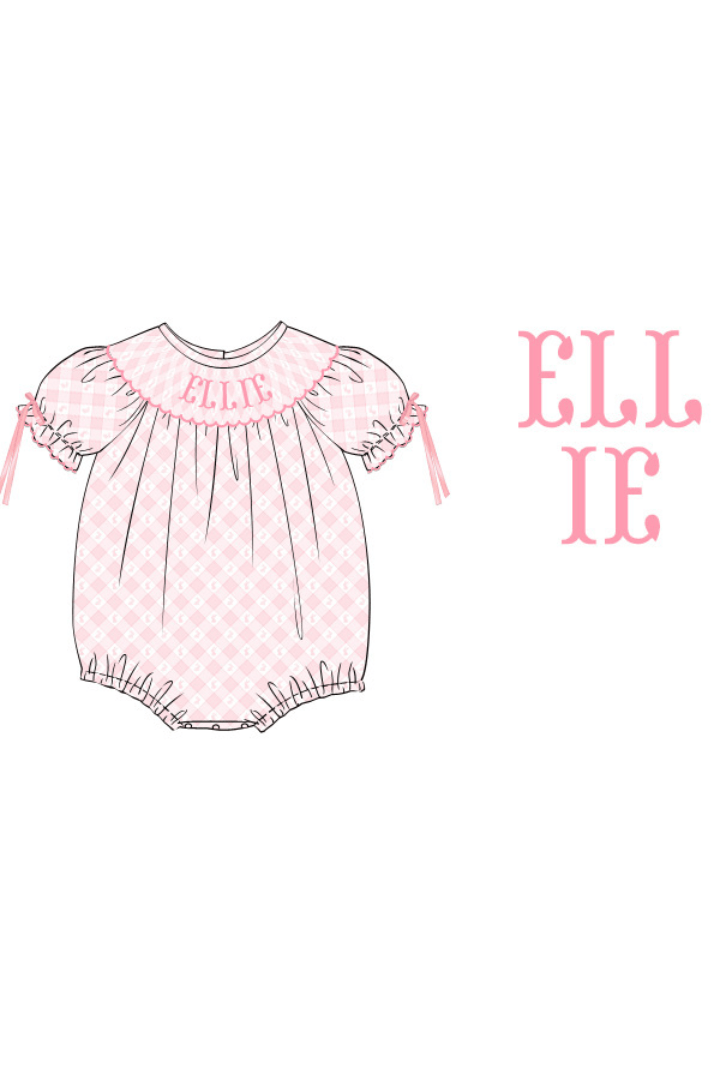 The Smocked Flamingo Pre-Order Hand Smocked Custom Name Sweet Pink Plaid Bunny Bubble