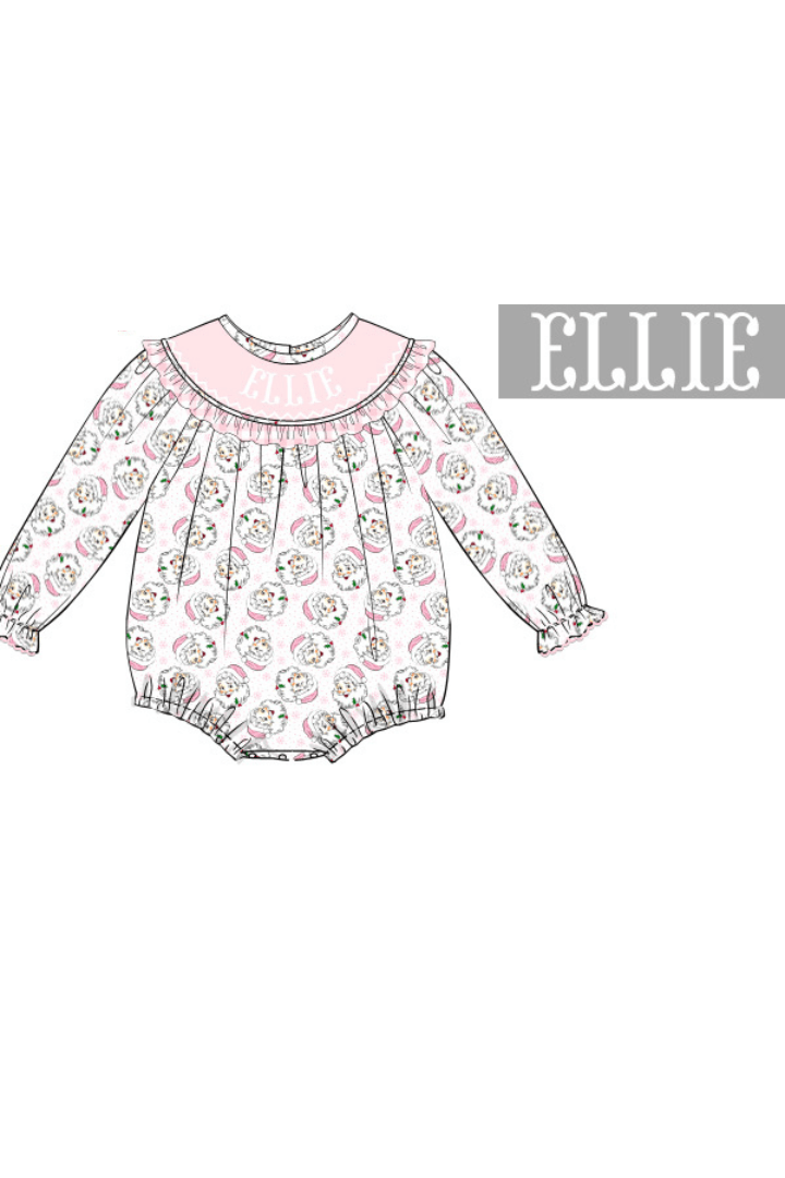 The Smocked Flamingo Pre-Order Hand Smocked Custom Name Vintage Santa Bubble