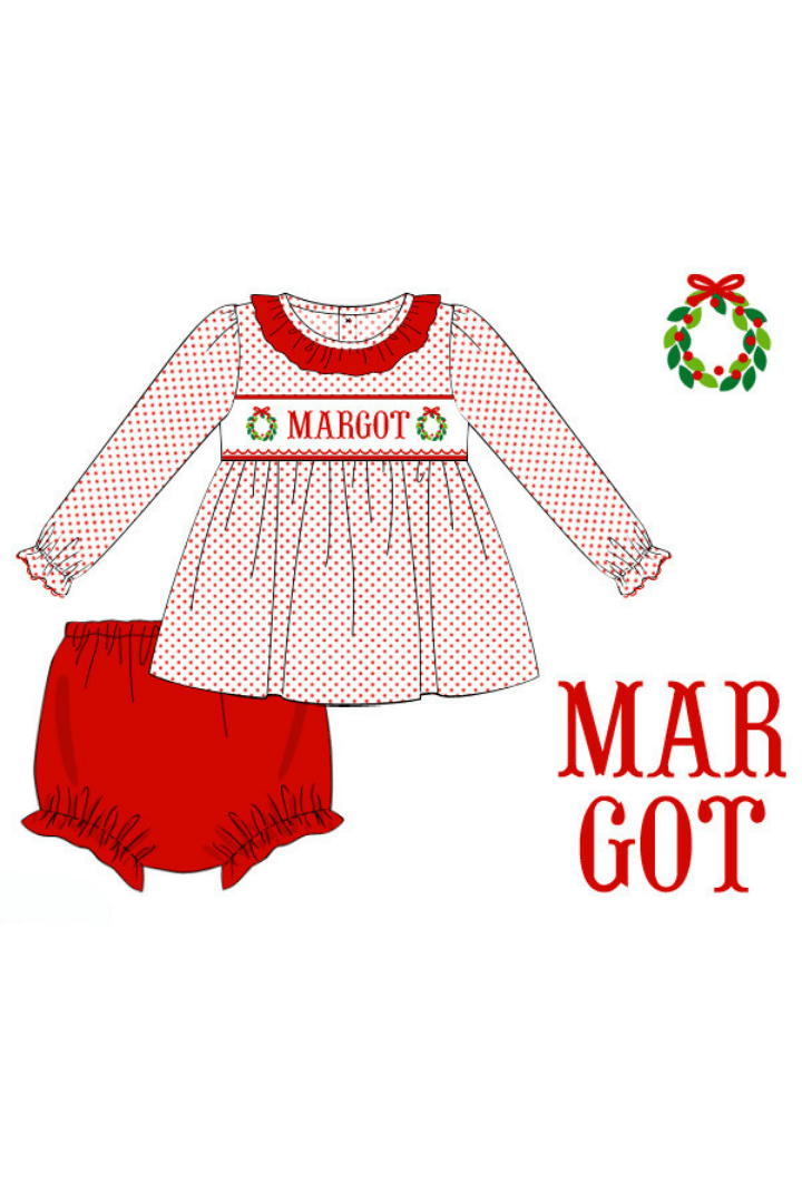 The Smocked Flamingo Pre-Order Hand Smocked Custom Name Wreath Knit Bloomer Set
