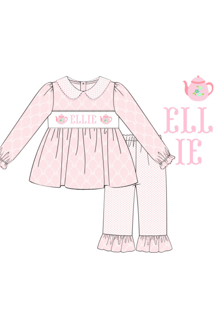 The Smocked Flamingo Pre-Order Hand Smocked Custom Tea Pot Pink Pant Set