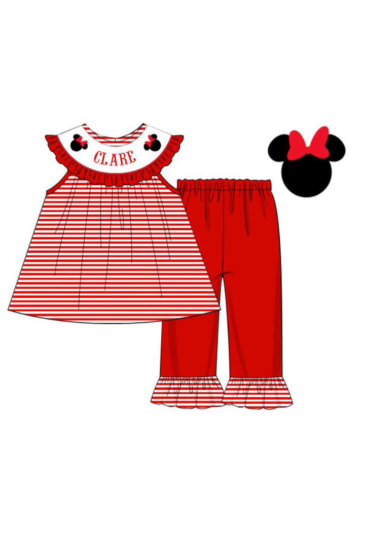 Pre Order Hand Smocked Custom Name Mouse Red Stripe Pants Set