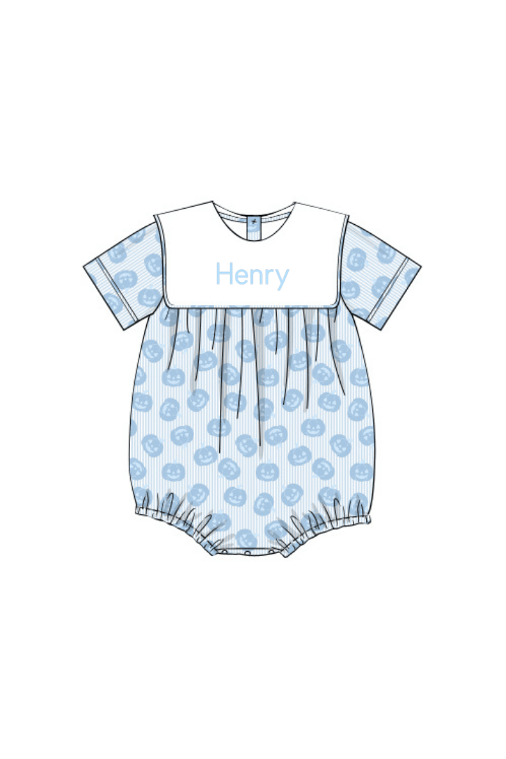 The Smocked Flamingo Pre-Order Jack O Lantern Blue Bib Bubble