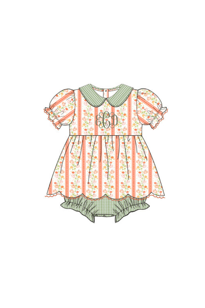 The Smocked Flamingo Pre-Order Pumpkin Trellis Green Seersucker Scalloped Skirted Bubble