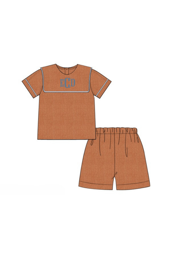 The Smocked Flamingo Pre-Order Rust Linen Short Sleeve Bib Short Set