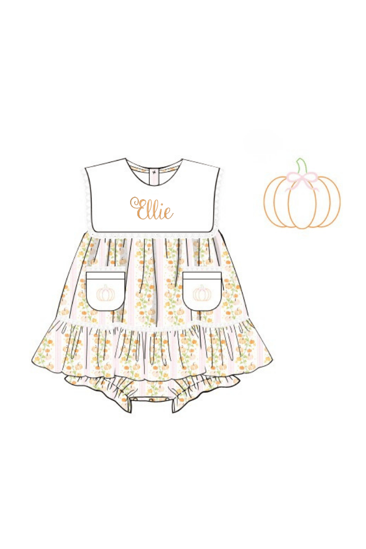 The Smocked Flamingo Pre-Order Shadow Embroidery Pumpkin Trellis Skirted Bubble
