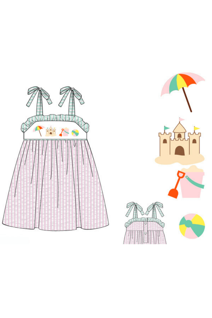 The Smocked Flamingo Pre-Order Smocked Beachy Beachy Pink Seersucker Dress
