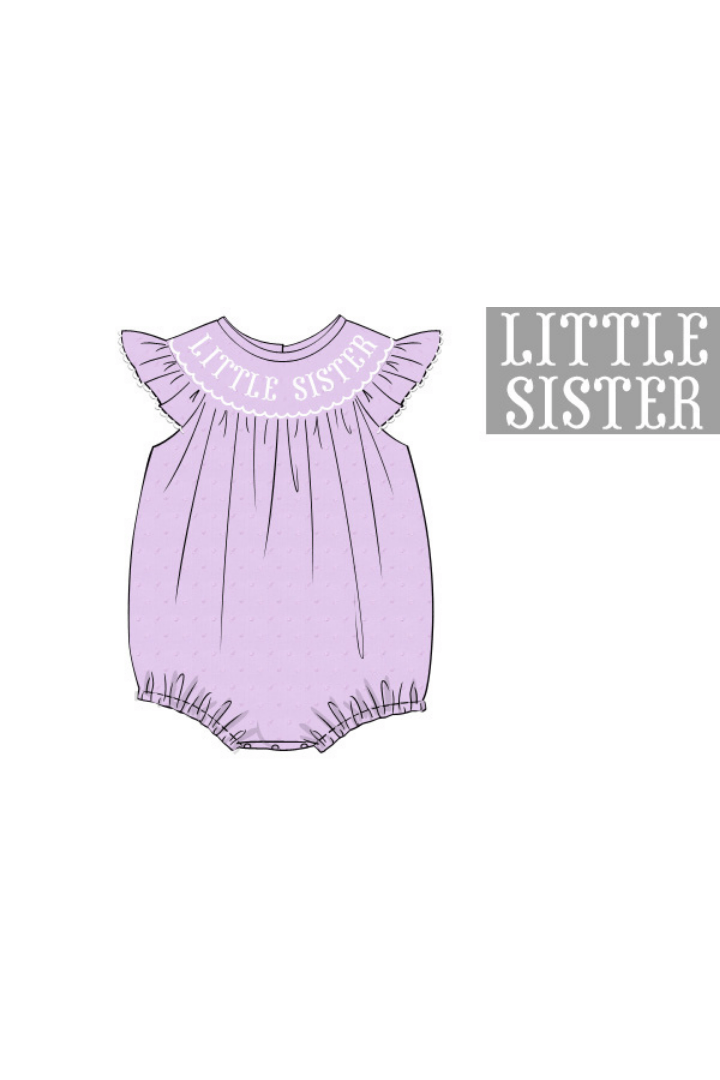 The Smocked Flamingo Pre-Order Smocked Little Sister Lavender Swiss Dot
