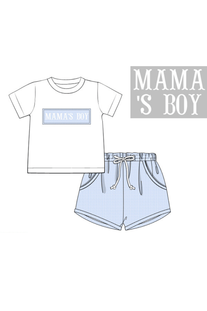 The Smocked Flamingo Pre-Order Smocked Mama's Boy White and Blue Gingham Bubble