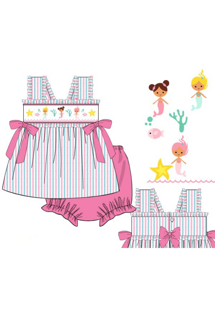 The Smocked Flamingo Pre-Order Smocked Mermaid Pink and Mint Seersucker Bloomer Set