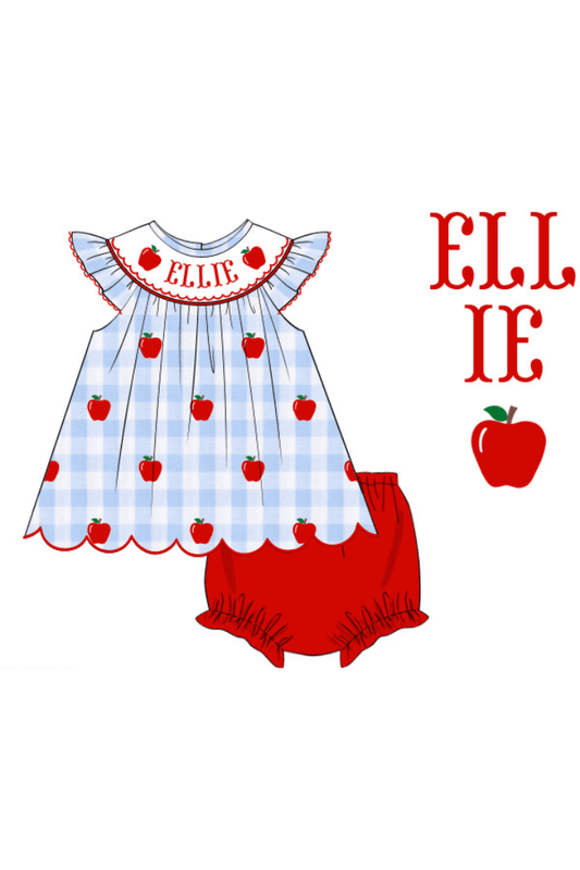 The Smocked Flamingo Pre-Order Smocked Name Blue Gingham Apple Bloomer Set