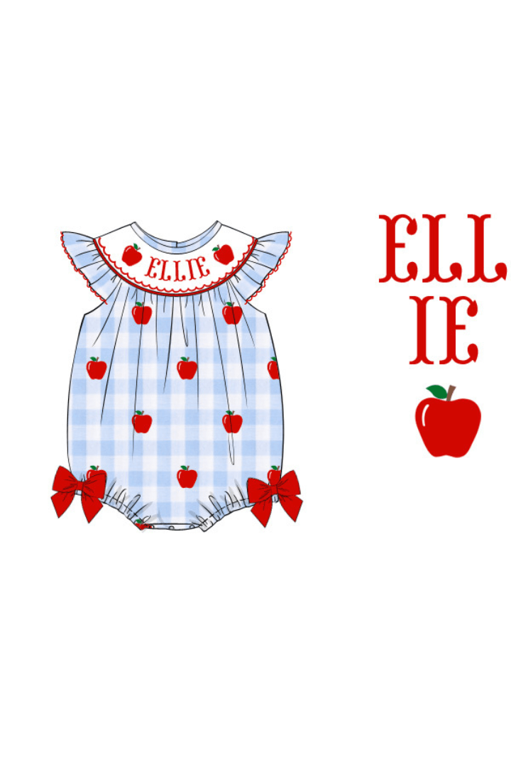 The Smocked Flamingo Pre-Order Smocked Name Blue Gingham Apple Bubble