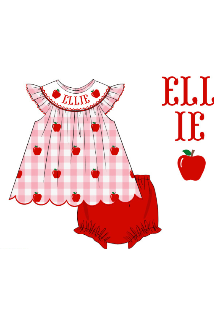 The Smocked Flamingo Pre-Order Smocked Name Pink Gingham Apple Bloomer Set