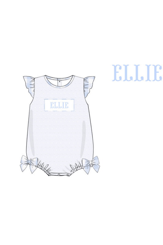 The Smocked Flamingo Pre-Order Smocked Name Swiss Dot Blue Bow Bubble