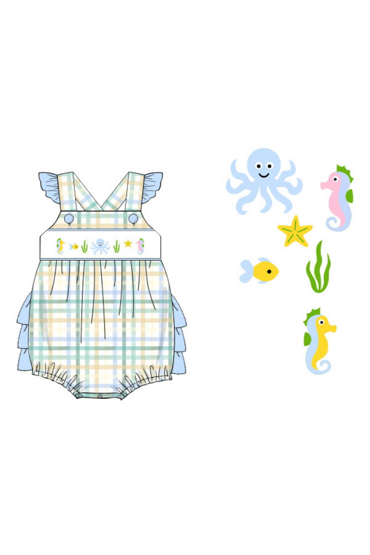 The Smocked Flamingo Pre-Order Smocked Ocean Creature Blue Plaid Ruffle Bubble