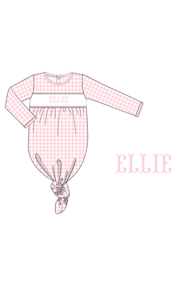 The Smocked Flamingo Pre-Order Smocked Pink Gingham Knotted Baby Gown
