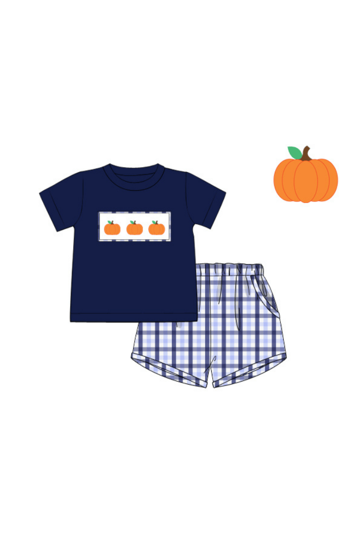 The Smocked Flamingo Pre-Order Smocked Pumpkin Blue Plaid Short Set