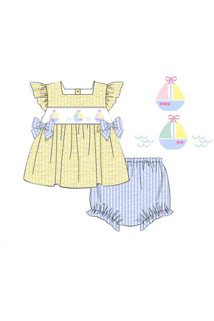 The Smocked Flamingo Pre-Order Smocked Sailboat Blue/Yellow Ruffle Bloomer Set