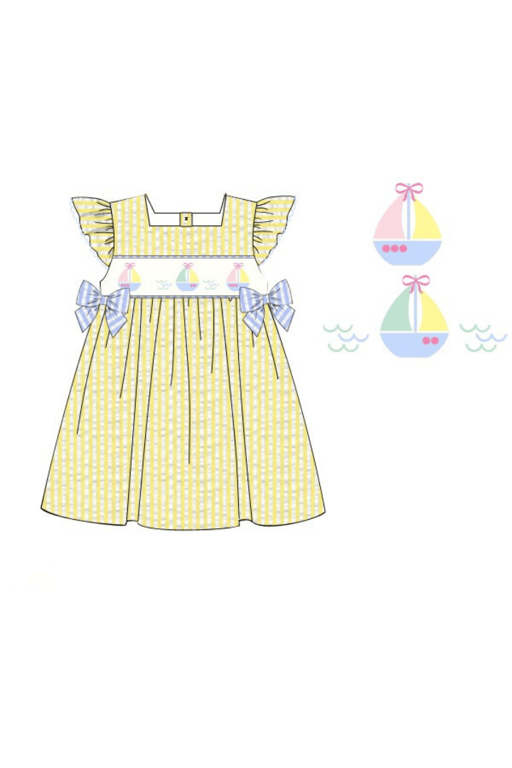 The Smocked Flamingo Pre-Order Smocked Sailboat Blue/Yellow Ruffle Dress