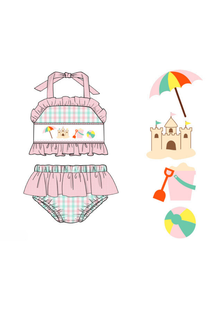 The Smocked Flamingo Pre-Order Smocked Sand Castle Gingham 2 Piece Swimsuit