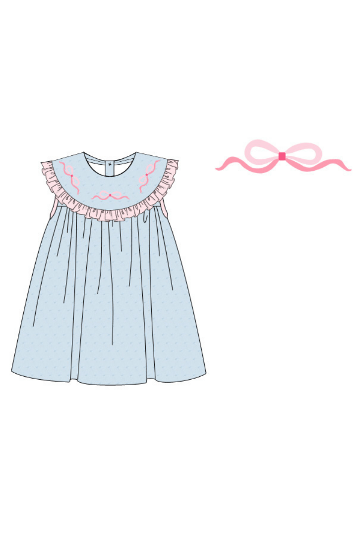 The Smocked Flamingo Pre-Order Sweet Embroidered Bow Blue and Pink Swiss Dot Dress