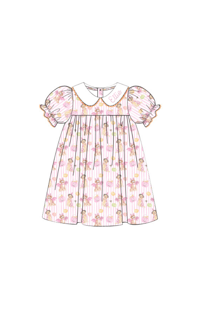 The Smocked Flamingo Pre-Order Trick or Treat Pink Puppy Dress