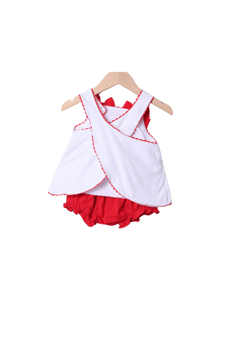 The Smocked Flamingo Red Mouse Applique Bow Bloomer Set