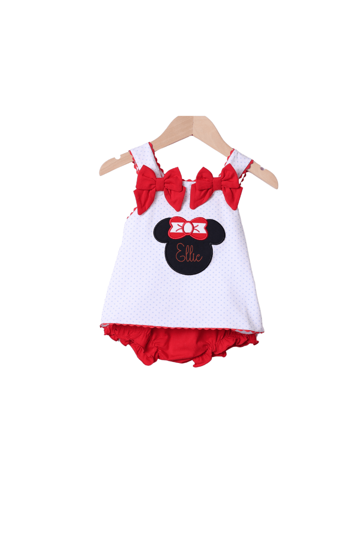 The Smocked Flamingo Red Mouse Applique Bow Bloomer Set