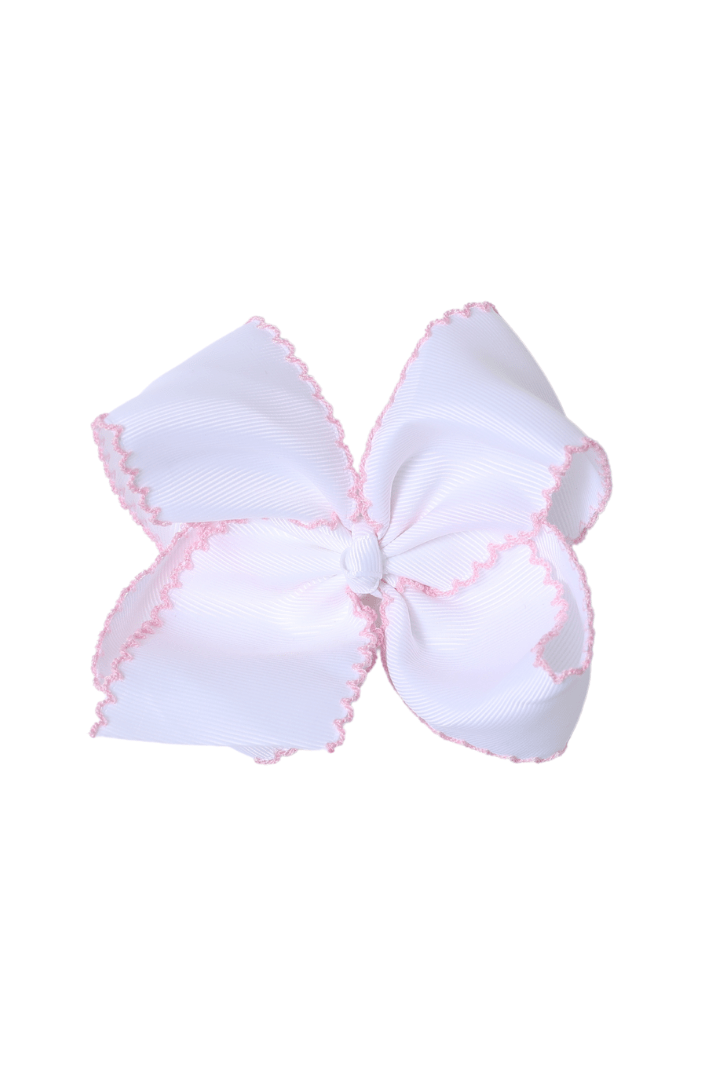 The Smocked Flamingo Scalloped Edge Grosgrain Bow White/Pink