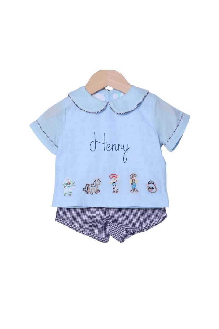 The Smocked Flamingo Shadow Embroidered Cowboy Friends Swiss Dot Short Set