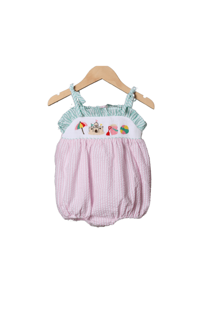 The Smocked Flamingo Smocked Beachy Beachy Pink Seersucker Bubble