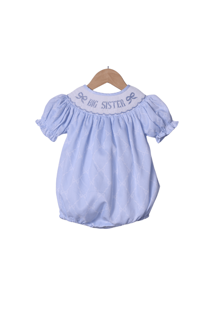 The Smocked Flamingo Smocked Big Sister Blue Bow Trellis Bubble