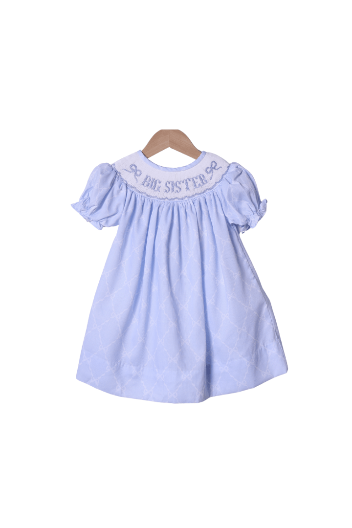 The Smocked Flamingo Smocked Big Sister Blue Trellis Bow Dress