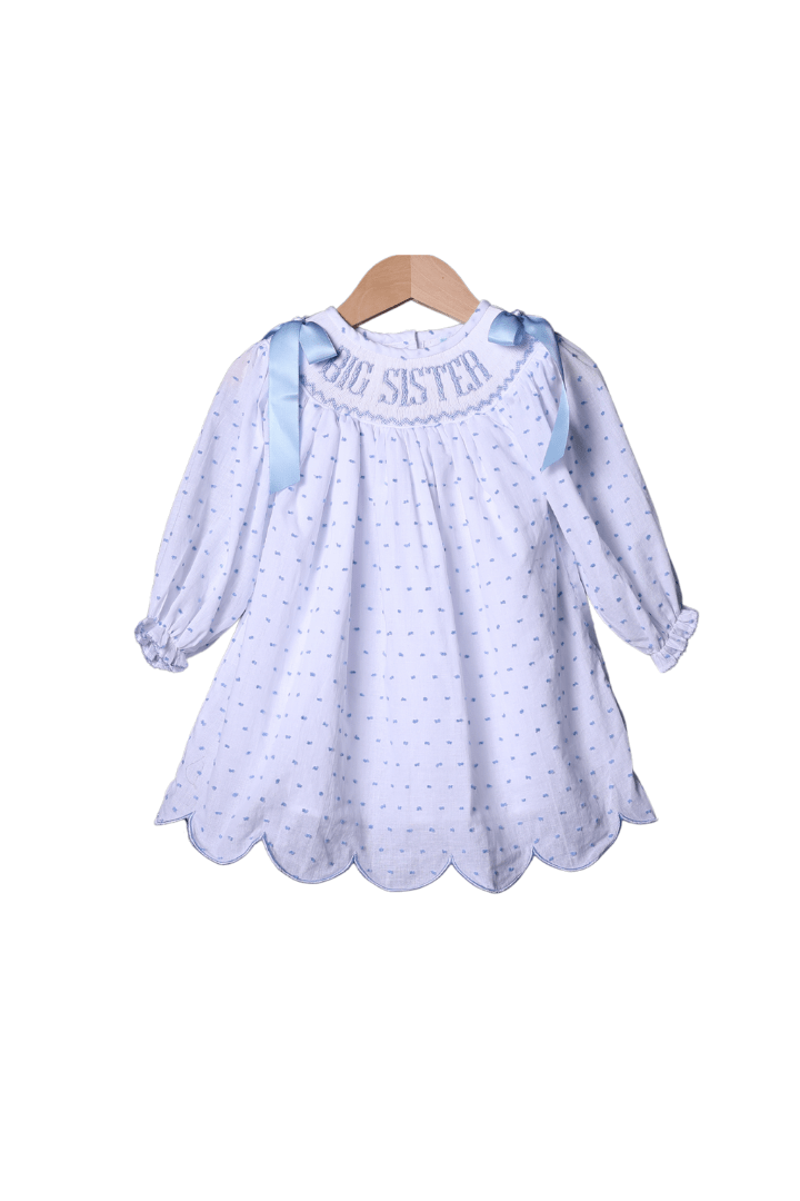 Smocked BLUE Swiss Dot Big Sister Long Sleeve Dress The Smocked Flamingo Smocked BLUE Swiss Dot Big Sister Long Sleeve Dress The Smocked Flamingo