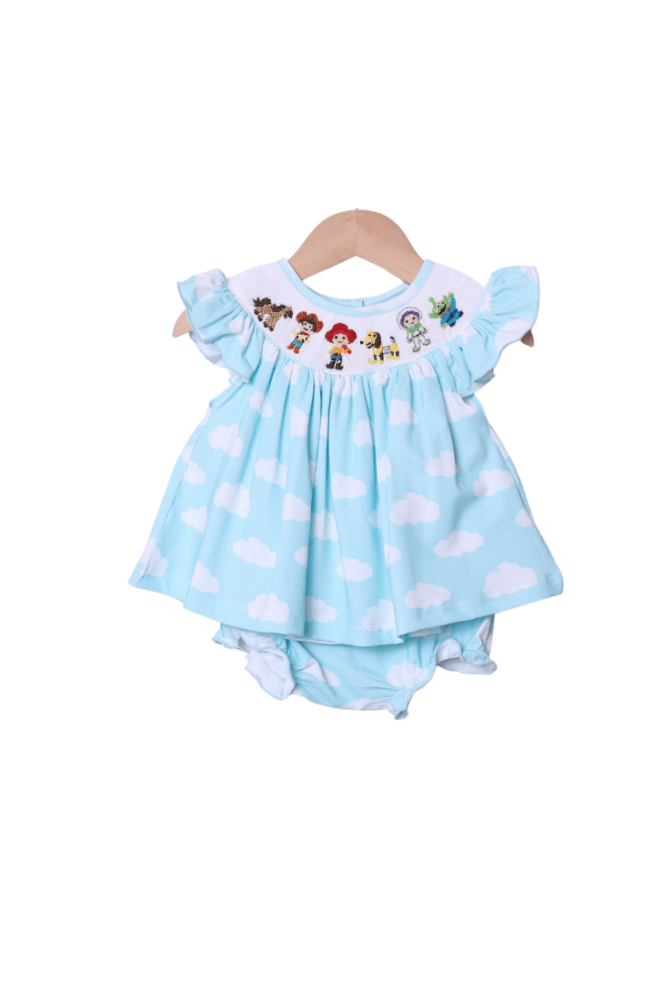 The Smocked Flamingo Smocked Cowboy and Friends Cloud Bloomer Set