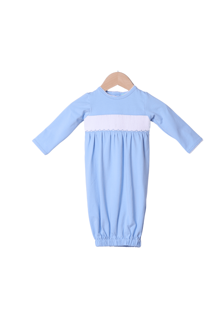 The Smocked Flamingo Smocked/Embroidered Custom Blue Knit Layette Gown