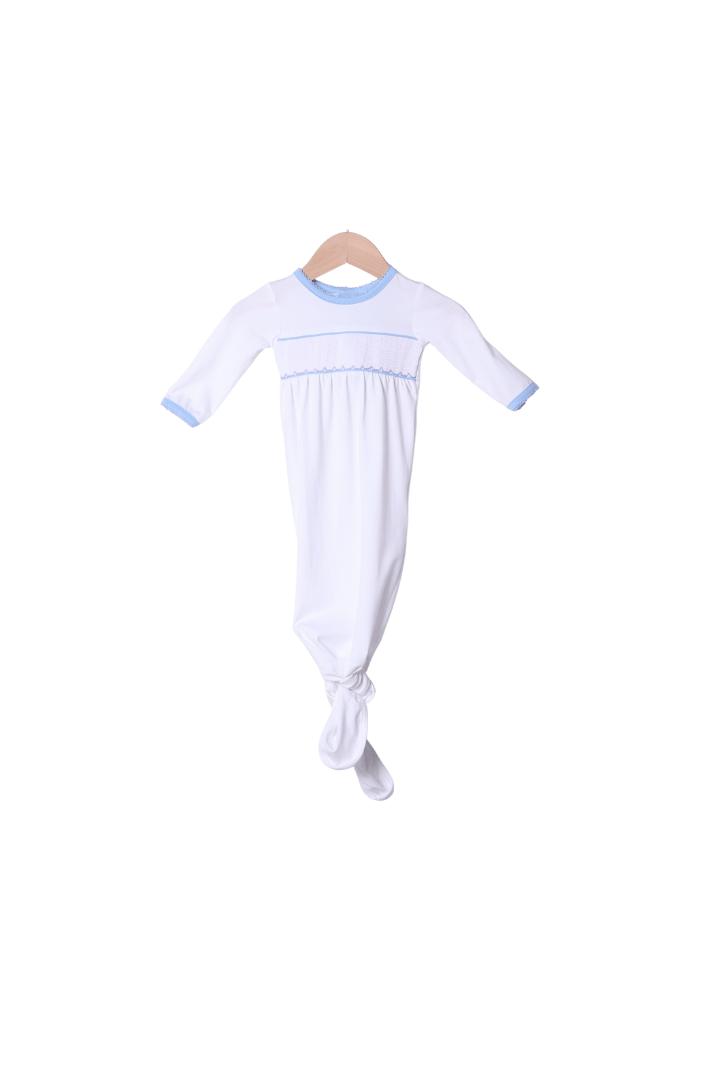 The Smocked Flamingo Smocked/Embroidered Custom White/Blue Knotted Baby Gown