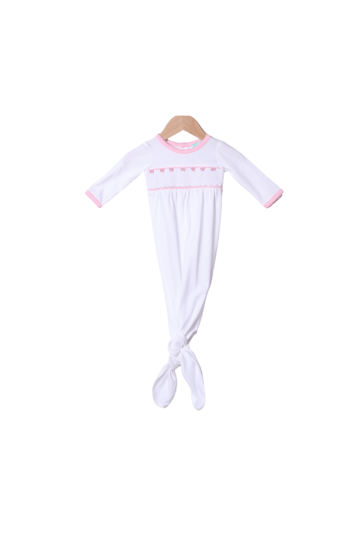 The Smocked Flamingo Smocked/Embroidered Custom White/Pink Knotted Gown